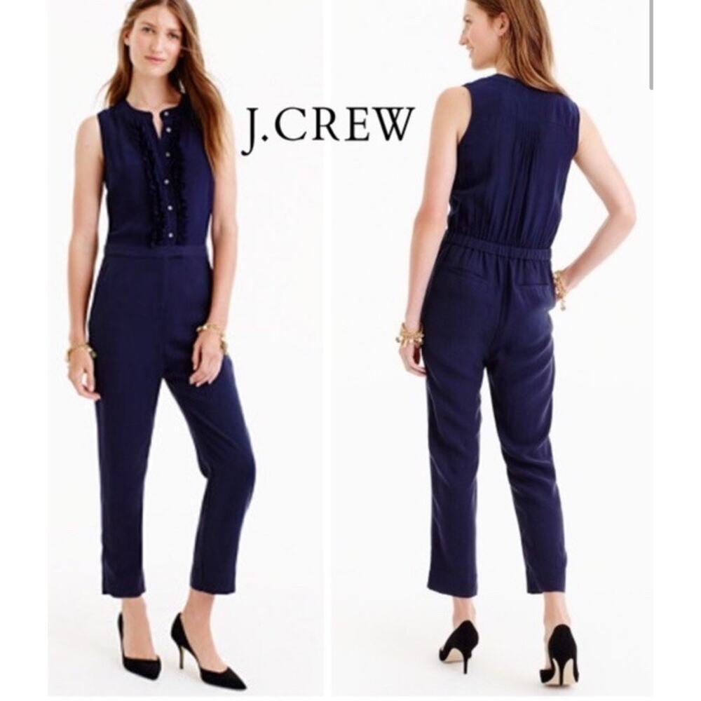 J. Crew Navy Blue Ruffle Front Jumpsuit Womens Size 00 (157) - Picture 1 of 4